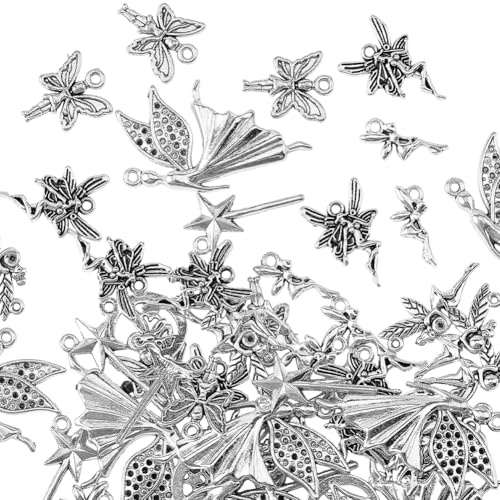 SUNNYCLUE 7 stilar 63 st fe berlocker metall fantasi berlocker bulk antik silver legering söt fantasi häxa blomma ängel vingar natur hänge för smyckestillverkning hantverk halsband armband örhänge