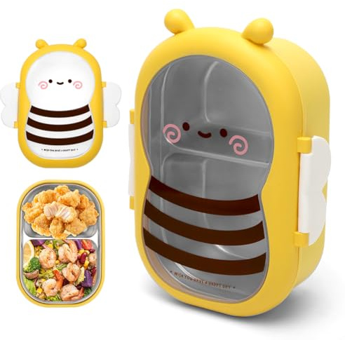 FARYODI Fiambrera Bento Box con 2 compartimentos, 22,5 x 16 cm, diseño de abeja, caja para el desayuno, fiambrera para picnic, viajes, apta para lavavajillas