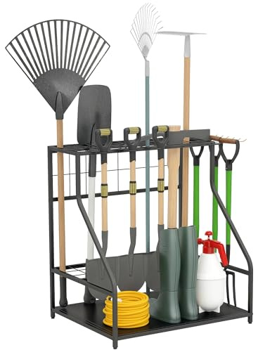 Outsunny Organizador de Herramientas de Jardín, Estantería de Almacenamiento de 3 Niveles para Garaje con Ganchos, para Palas, Rastrillos, Escobas, Soporte de Metal
