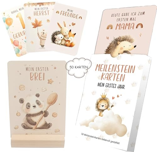 WLHFDC Meilensteinkarten Baby,50 Handgemalten Boho Illustrationen Monatskarten mit beschreibbaren Rückseiten inkl.Geschenkbox und Holzaufsteller für Geschenk zur Schwangerschaft,Babyshower und Geburt