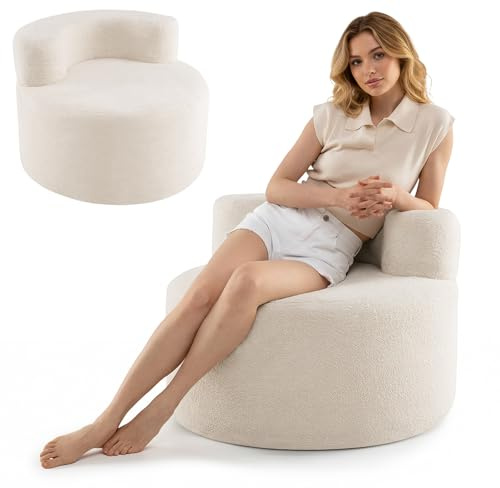 RELAX4LIFE Gepolsterter Sitzsack-Sessel, rundes Einzelsofa mit Schaumstofffüllung, Rutschfester Unterseite & gebogenem Rückenlehne, Ottomane für Wohnzimmer & Schlafzimmer, ohne Montage (Beige)