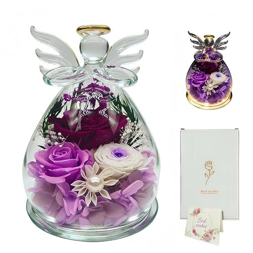 TABKSOLA Ewige Rose im Engel Figur Geschenke für Mama Frauen Oma Geburtstagsgeschenk Originelle Deko Dauerhafte Konservierte Blume Kuppel Geschenkbox (lila mit Licht)