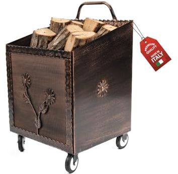 MOHOME Holzwagen für den Innen- und Außenbereich, mit festen und drehbaren Rädern, gebürsteter Kupferstahl, hergestellt in Italien, Behälter 80 x 50 x 52 cm, Holz, ergonomischer Griff, Holzkorb