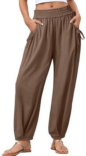 Dokotoo Womens Pants 2026 Casual Elastic High Waist Wide Leg Pants for Women Lounge Beach Vacation Halara Harem Pants with Pockets Brown Large