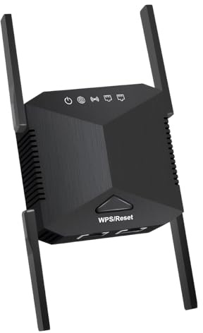 WiFi Extender Booster,Long Range WiFi Repeater with Ethernet Port Covers Up to 5000 Sq.ft 50 Devices 4 High-Gain Antennas Easy 1-Click Setup for Home Coverage for Router/Alexa Black(UK Plug)