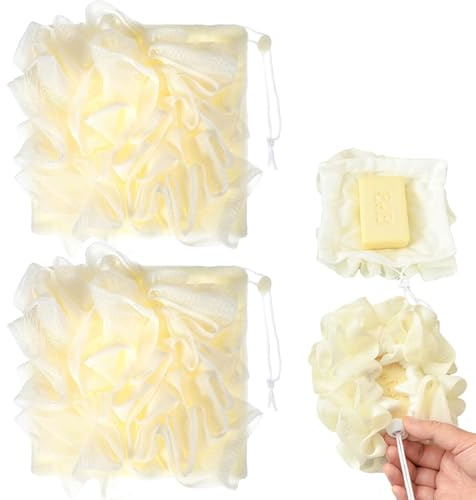 BEZHO 2 éponges de douche avec poche à savon, 2-en-1 gant de toilette, brosse exfoliante corporelle avec cordon de serrage, lavable en machine, jaune