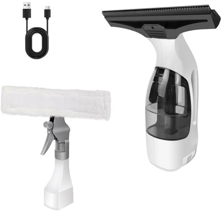 Electric Window Vac with Spray Bottle & Microfiber Squeegee, 3.8V Cordless Window Cleaner, 2.0KPA Suction, 150ml Tank, 50-Min Runtime for Streak-Free Glass, Tiles & Showers