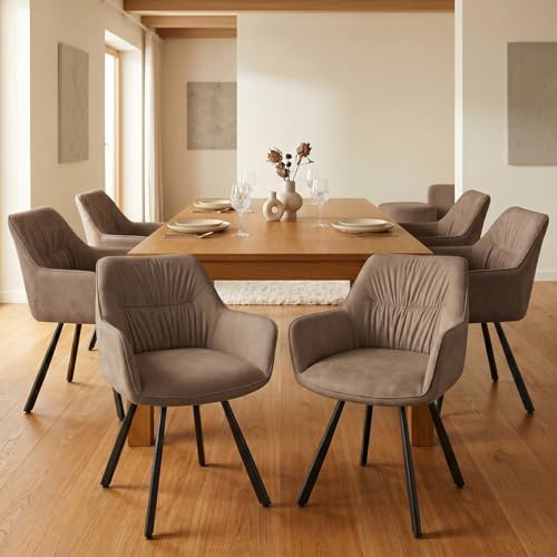 WAFTING Esszimmerstühle 360° drehbar 6er Set, Armlehnstuhl aus Mikrofaser-Velours mit Metallgestell und Lehne, Moderner Polsterstuhl für Esszimmer, Küche, Wohnzimmer, Braun