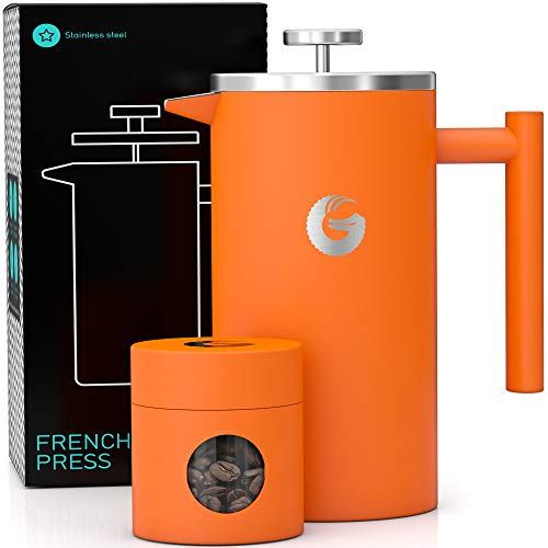 Coffee Gator Caffettiera Francese - Caffè caldo piu' a lungo - Doppia parete Acciaio inox isolato - Piccolo contenitore per caffè - 1 litro - Arancia