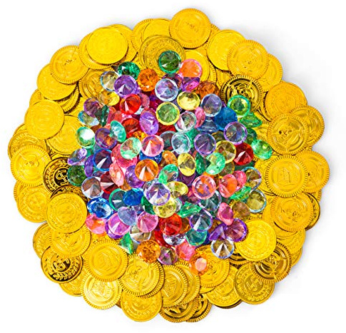 Kesote 300x Piratenschatz Spielzeug Kinder 100 Goldmünzen + 200 Edelsteine Piraten Deko für Kindergeburtstag Party Mitgebsel