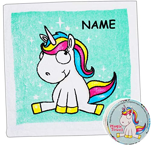 alles-meine.de GmbH 10 Stück magische Waschlappen/Handtücher - Zauberwaschlappen - Einhorn - Tiere - inkl. Name - Frottee aus 100% Baumwolle - 30 cm * 30 cm - Magic Towel - ..