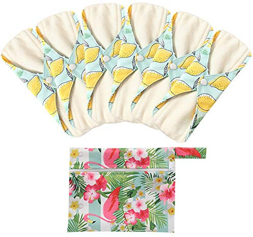 Beilei Creations 6 Stück Slipeinlagen Waschbar aus Bambusfaser, Waschbare Stoffbinden, Wiederverwendbare Binden, mit 1 Tragbare Mini Tasche Wiederverwendbare (Mittel- 25cm /10 inch, Zitrone)
