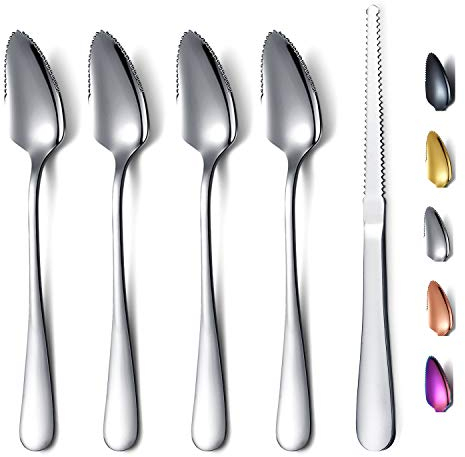 Grapefruitlöffel 5-Teiliges Set, 4 Grapefruitlöffel aus Edelstahl und 1 Grapefruitmesser mit Titanbeschichtung, Grapefruit-Utensilenset, gezackte Kanten Löffelpackung mit 5 Stück (Silber)