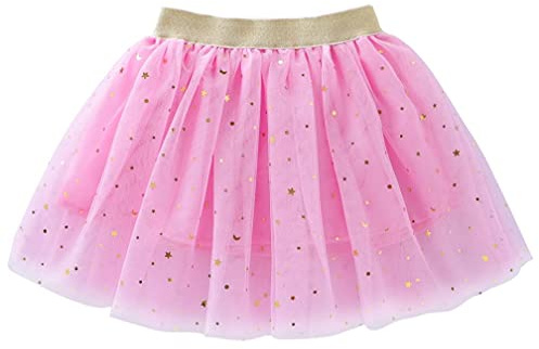 Toddlers Girls Sparkle Tulle Tutu Skirt with Sequins Stars Moon Sun (Pink, 6-7years)