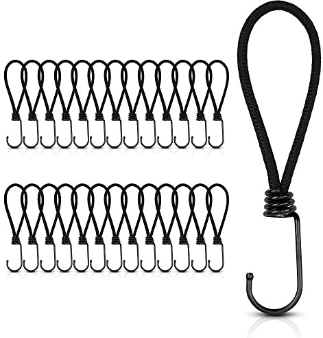 HAYATEC 25 ganci di espansione in gomma con ganci, 18 cm, elastici per teloni e gazebo, con gancio a spirale, supporto espansore, spanner in gomma, elastici per tenda per teloni, tende, colore: nero