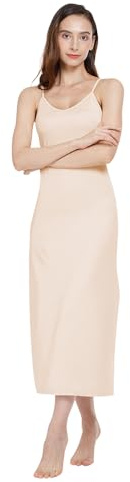 MANCYFIT Long Slips for Under Dresses Full Length Adjustable Spaghetti Strap Nightgown Nude Medium