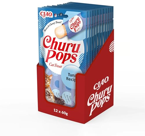 INABA Churu Pops Reich an Hühnerfleisch & Thunfisch Katzenleckerlis | Getreidefrei, Zuckerfrei, Keine Nebenerzeugnisse, 88% Feuchtigkeit, nur 7 kcal pro Tube, Premium Katzensnacks 60 g (12er Pack)
