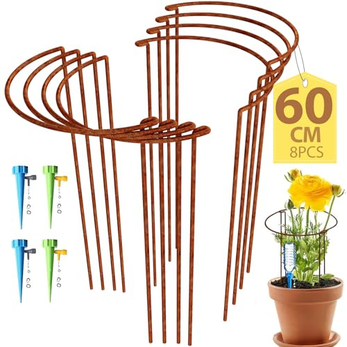 KAZITOO 8 Pack 60cm Tall Rusty Bow Plant Support Stakes, Large Half Round Natural Rust Flower Support Ring Cage with 4 Self Watering Spikes, Strong Metal Garden Border for Peonies, Hydrangea,Monstera