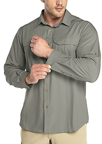 Outdoor Ventures Chemise de loisirs à manches longues pour homme - Respirant - Séchage rapide - Pour le printemps et l'été - Protection UV, Gris/vert, L