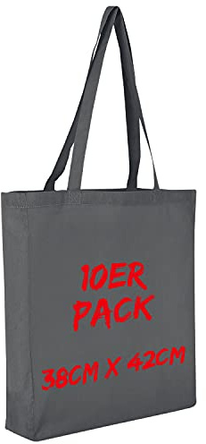 TEXXILLA Baumwolltasche - 10er Pack | Stahlgrau | mit Zwei Langen Henkeln, Boden- und Seitenfalte | 38x42cm | Jutebeutel | Einkaufstasche | unbedruckt
