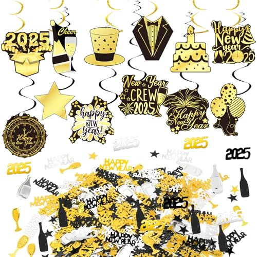 Silvester Deko 2025 Neujahrdeko Set, 12 Stück Deckenhänger Spiral Girlanden Schwarz & Gold Luftschlangen Silvester Hängedeko Wirbel und Konfetti, Frohes neues Jahr Silvester Party Dekoration