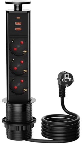 3 Fach Versenkbare Tischsteckdose mit 3 USB-Ladegeräten, 1.8M Kabel für Büroarbeitsplatz, Küchenarbeitsplatte, Schwarz