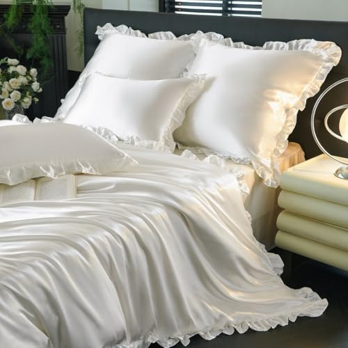 Sedefen Satin Bettwäsche Set 200x220cm mit Rüschen Weiß Glatt Glänzend Luxus Seide Bettwäsche Set Kühlender Uni Sommer Bettbezug mit Reißverschluss und 2 Kissenbezug 80x80cm