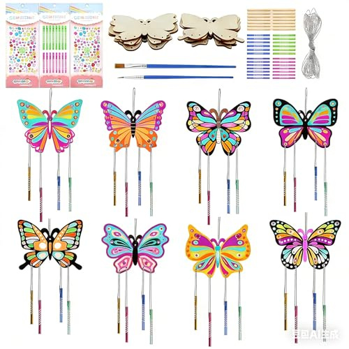 GAROMIA Schmetterling Bastelset Kinder 8 Stück Schmetterling Windspiel Bastelset Kinder Butterfly Holz DIY Butterfly Schmetterlingdeko Windspiel Basteln für Mädchen Kindergeburtstag