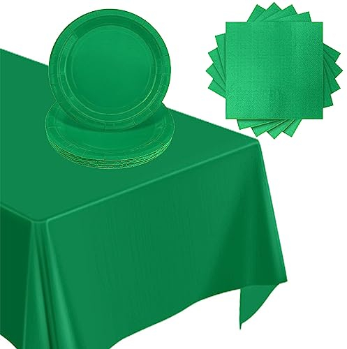 37P Dark Green Tableware Party Set,Solid Green Paper Dinnerset,Green Paper Plates,Napkins and Table Cloth Tablecover for Christmas,Irish Clover St. Patrick's Day,Kid Forest Party Table Decorations