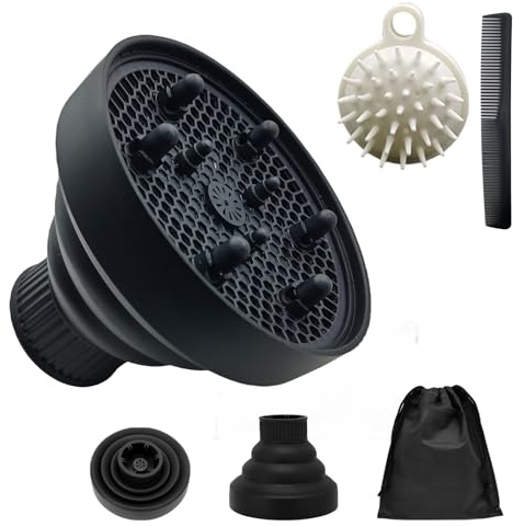 JOIYHY Diffusore Capelli Ricci in Silicone, Adattabile a Asciugacapelli con Diametro 4.2-4.8cm, Diffusore Pieghevole Capelli Ricci, Viene Fornito con Borsa, Spazzola per Shampoo e Pettine(Nero)
