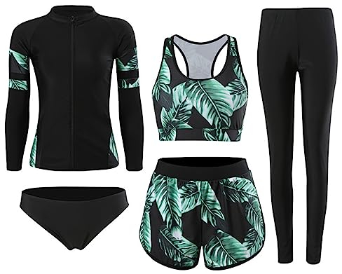 RUIZE Langarm-Badeanzug für Herren und Damen, 5-teiliges Set, elastischer Surfanzug mit Reißverschluss, UV-Schutz-Rashguard-Set, Sommer-Strand-Wasserspiel-Surf-Badeanzug,Women's,L