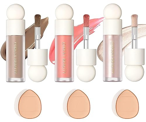 FCXQG 3 pcs Liquid Blush for Cheeks Soft Cream Blush Face Makeup Liquid Highlighter Contouring Stick Contouring Creme Highlighter & Blush & Contour avec 3 Doigt Poudre Poudre Maquillage