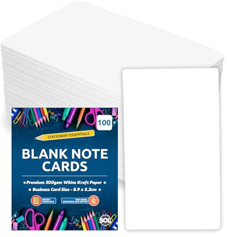 SOL 100pk A8 Blank Note Cards, 300GSM White Kraft Paper, Blank Business Cards for Personalised Messages, 5.2cmx8.9cm Custom Artwork & Creative Projects, Durable Smooth Finish For Business or Gift Tags
