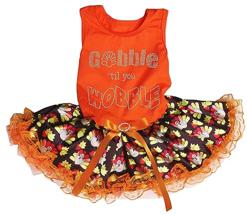 Petitebelle Gobble Til You Wobble Puppy Dog Dress mit Strasssteinen, Orange / Braun, Truthahnspitze, Größe L