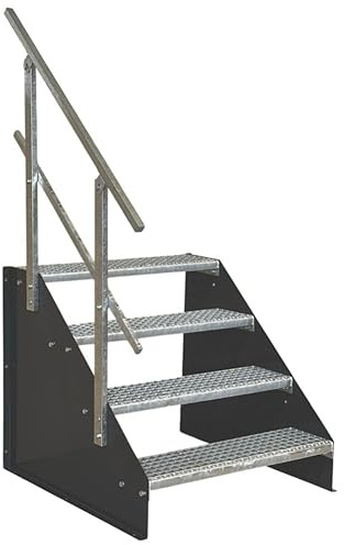 SRM Design 4 Stufen Standtreppe Stahltreppe Wangentreppe Gitterrosttreppe freistehend Breite 90cm Höhe 84cm anthrazit einseitiges Geländer