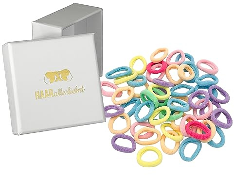 HAARallerliebst® 50 Stück bunte 20mm kleine Haargummis für Mädchen - mini baby Zopfgummis inkl Box - idealer Haargummi Haarschmuck für Kinder und Damen - elatisch soft Mehrfarbig (pastell, 50 Stück)