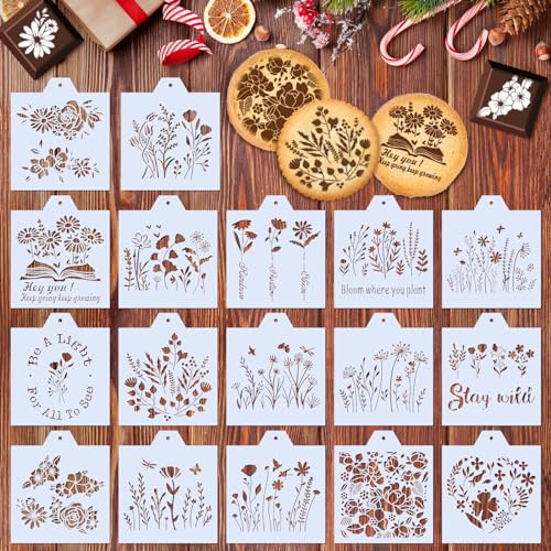 Whaline 17Pcs Flower Theme Cookie Stencils Inspirational Floral Airbrush Painting Stencils Assorted Biscuit Cake Baking Templates for Party DIY Craft, 6.7 x 5.9 Inch