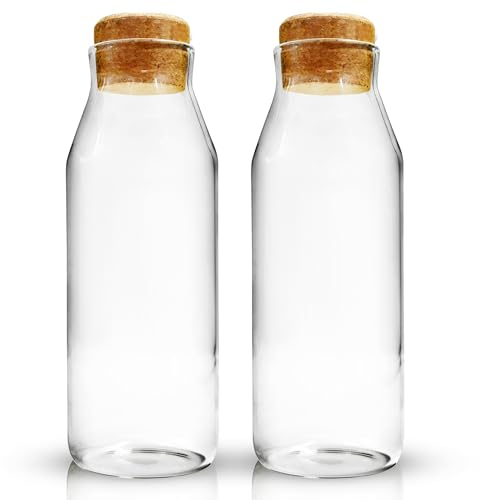 Jarra de agua de 1 litro, paquete de 2 jarras de vidrio con tapa para bebidas frías, leche y tarros de jugo, botellas de vidrio versátiles para almacenamiento de detergente