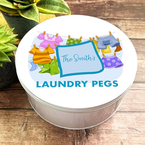 Round Colourful Hanging Clothes Laundry Pegs Washing Personalised Tin Personalised Gift | Custom Gift | Personalized Tin | Personalised Tins | Gift For Her | Gift For Him
