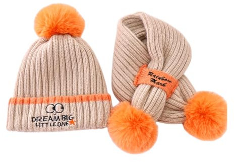 Molinter Mütze Schal Set Babymützen Warm Strickmütze Halswärmer Plüschkugel Beanies Baby-Ohrenklappe Wintermütze mit Schal (Orange)
