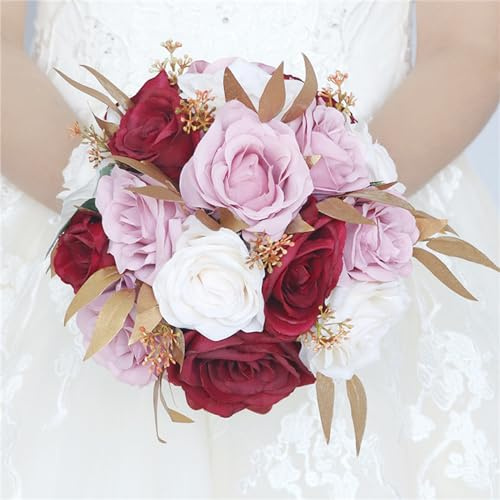 Fouriding Bouquet da Sposa per Matrimoni Bouquet da Lancio Rose Seta Artificiale Bianco Rosa vino Rosso Bouquet da Sposa per Anniversario Cerimonia Matrimonio, Matrimonio Rustico Francese