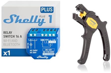 Shelly Plus 1 | Wlan & Bluetooth Smart Relais Schalter | Hausautomation & JOKARI 20050 Abisolierzange Super 4 plus, Schwarz, 1 Stück