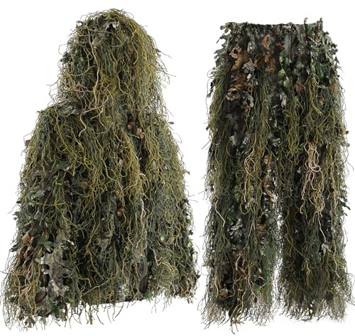 EAmber Ghillie Suit Gilly Hunting Suits Pants 3D Leaf Camo Camouflage Coveralls Youth Adult Lightweight Clothes for (Green Leafy Forest, Height 5.4-5.9 Ft)