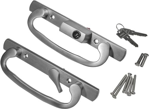 8.5 Legacy Sliding Patio Glass Door Offset Latch Brushed Chrome Handle Set with Keys - Sash Controls 2265 Keyed Lock - Fits 3-15/16 Screw Hole Spacing and 1-1/4 to 2-1/4 Door Thickness