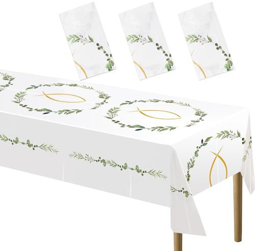 Kommunion Tischdecke, Konfirmation Tischdeko, Taufe Junge Deko Tischtuch, Fische Kommunion Partytischdecke Mädchen für Erstekommunion Deko, Taufe Party Dekoration 130 * 275cm (3 Stück)