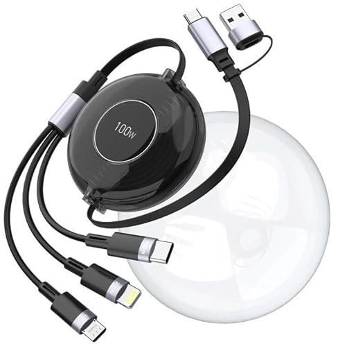 100W 3in1 Multi Charging Cable Retractable USB C Universal iPhone Charging Cable for Travel Fast Charger Type C 100W+27W Lightning+Micro USB Charging Cord for iPhone 15,14,Samsung,Pad, Kindle-Black