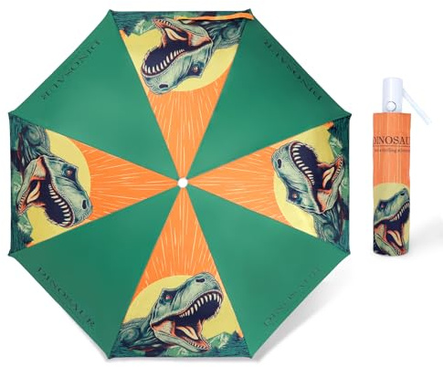 decalsweet Regenschirm Kinder, Klein Taschenschirm Kinderschirm Dinosaurier | Knirps Regenschirm mit reflektierenden Streifen, Sturmfest,Kompakter,Robuster, Leicht zu Transportieren, Reise Regenschirm,