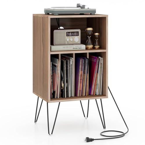 GIANTEX Support Tourne-Disque Vinyle à 3 Niveaux, Table d’Appoint avec Station de Charge, USB Type C, 2 Prises, Meuble Tourne-Disque avec Pieds en Métal, 48 x 40 x 88 CM (Noyer)