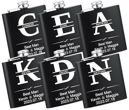 OTXIXTO Petaca de Licor Personalizada para Hombre Frasco de Whisky de Acero Inoxidable de 6 Piezas de 6oz con Embudo de 6 Piezas Petaca Plata/Negro Personalizada con Iniciales para Papá Novio Regalo