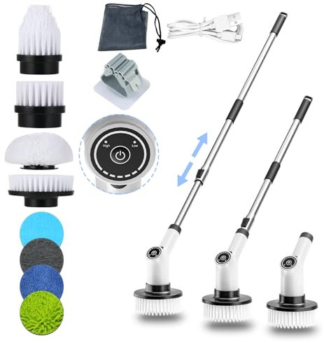 SWAREY Reinigungsbürste Elektrische, Putzbürste Elektrisch mit 2 Geschwindigkeiten, Einstellbar Griff, 8 Austauschbaren Bürstenköpfen, IPX7 wasserdichte Electric Spin Scrubber für Küche Bad Auto